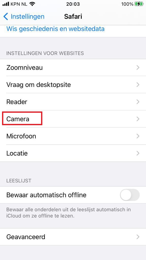 Safari settings - select Camera