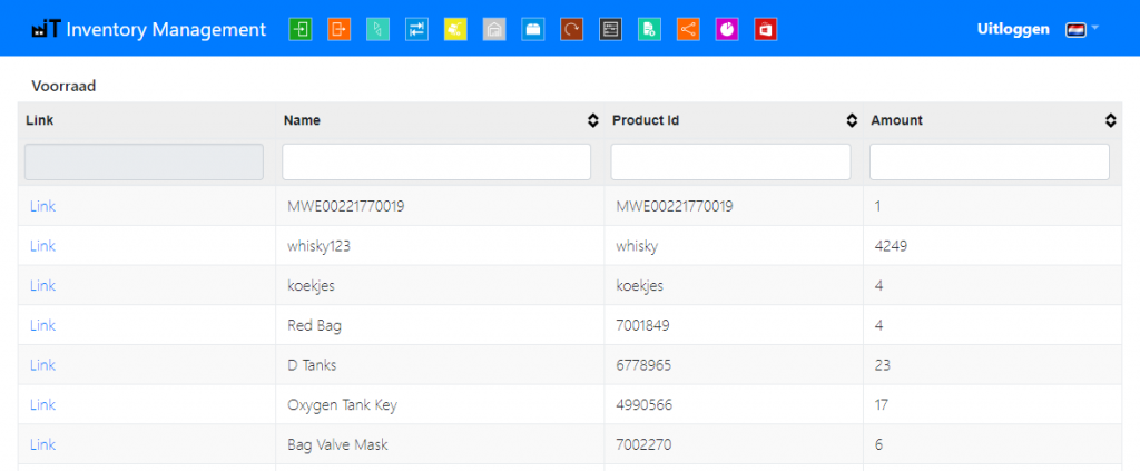 Web inventory overview with stock per product